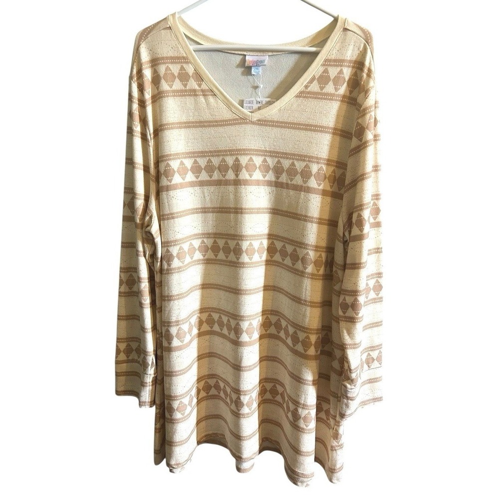 LuLaRoe 2XL NWT Tunic‎ Top Beige Brown Diamond Print V Neck Long Sleeve Shirt